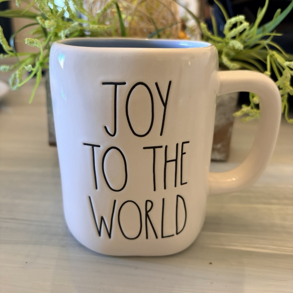 Rae Dunn JOY TO THE WORLD Christmas Mug Double Sided With Pastel Christmas Tree